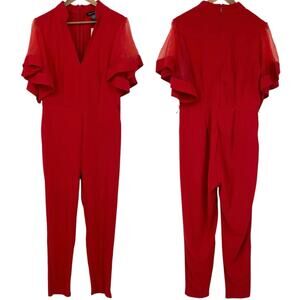 NEW ASHLEY STEWART V Neck Illusion Flutter Sleeve Jumpsuit Red Size 14/16